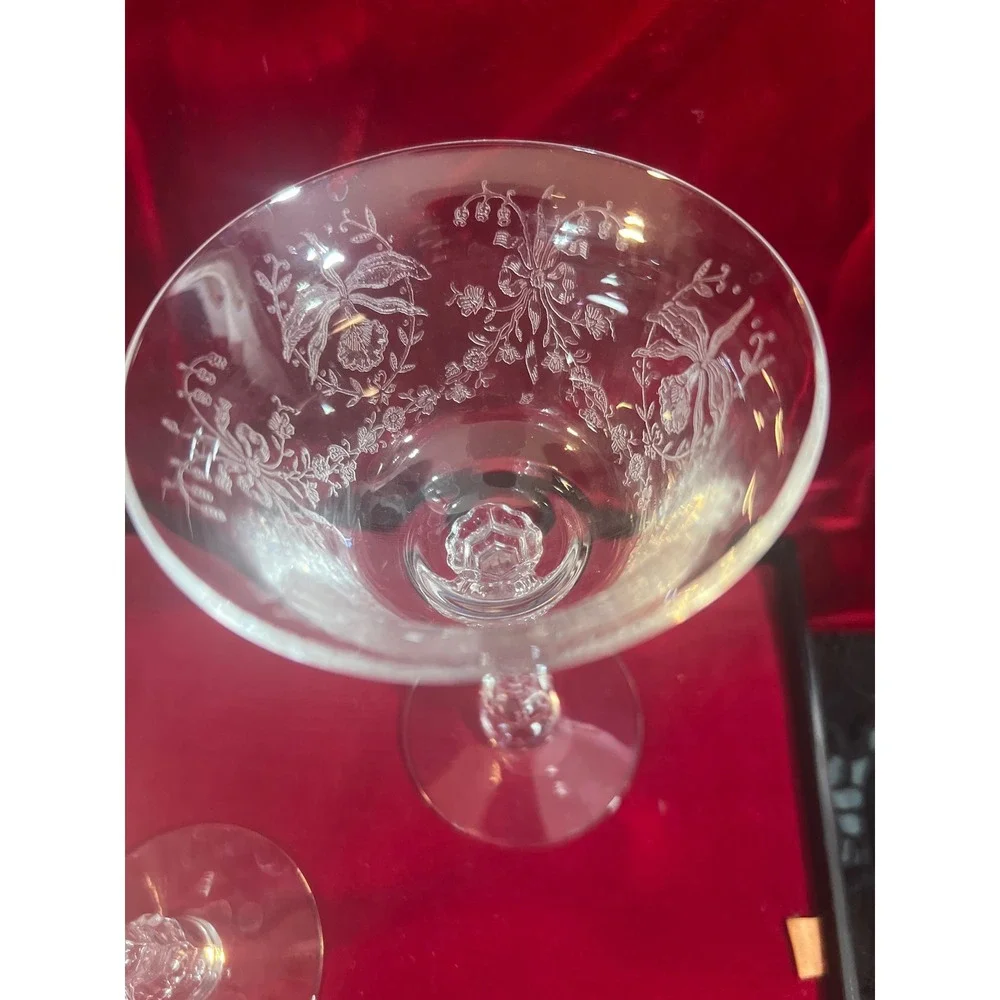 Vintage Fostoria Orchid Etched Crystal‎ Champagne Coupe Glasses Set of 3 5.5